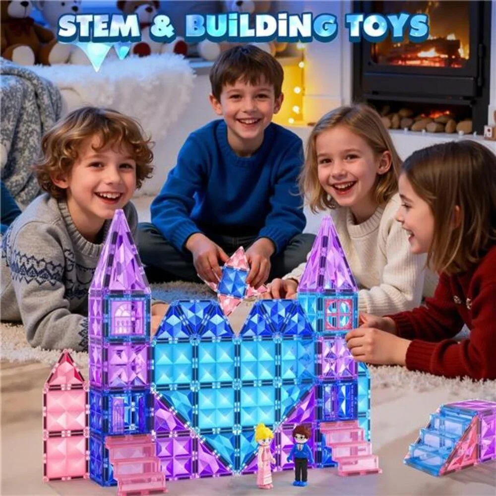 Magnetic Tiles 102pcs with 2 Stairs 2 Dolls Princess Castle Building Girls Toys